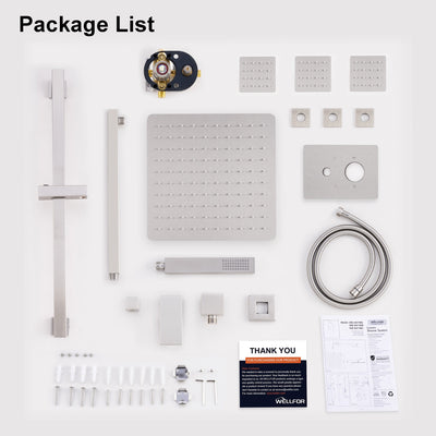 3-Function 12-Inch Square Shower System with Rain Head, Sliding Bar & Body Jets, Concealed Pressure Balance Valve, 304 Stainless Steel