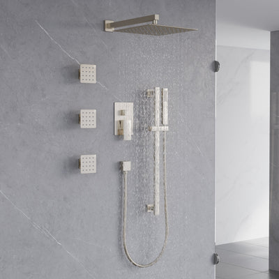 3-Function 12-Inch Square Shower System with Rain Head, Sliding Bar & Body Jets, Concealed Pressure Balance Valve, 304 Stainless Steel