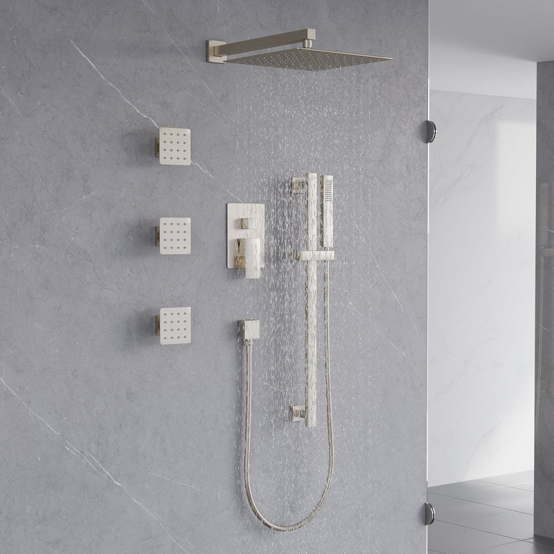 3-Function 12-Inch Square Shower System with Rain Head, Sliding Bar & Body Jets, Concealed Pressure Balance Valve, 304 Stainless Steel
