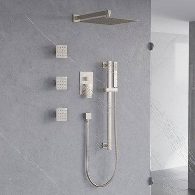 3-Function 12-Inch Square Shower System with Rain Head, Sliding Bar & Body Jets, Concealed Pressure Balance Valve, 304 Stainless Steel