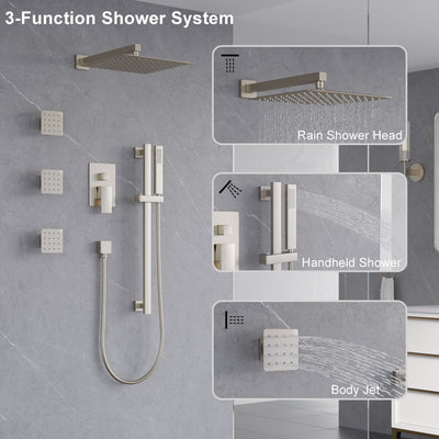 3-Function 12-Inch Square Shower System with Rain Head, Sliding Bar & Body Jets, Concealed Pressure Balance Valve, 304 Stainless Steel
