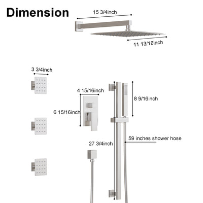 3-Function 12-Inch Square Shower System with Rain Head, Sliding Bar & Body Jets, Concealed Pressure Balance Valve, 304 Stainless Steel