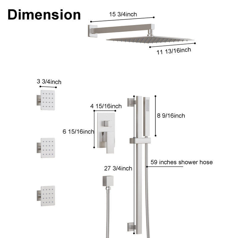 3-Function 12-Inch Square Shower System with Rain Head, Sliding Bar & Body Jets, Concealed Pressure Balance Valve, 304 Stainless Steel