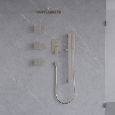 3-Function 12-Inch Square Shower System with Rain Head, Sliding Bar & Body Jets, Concealed Pressure Balance Valve, 304 Stainless Steel