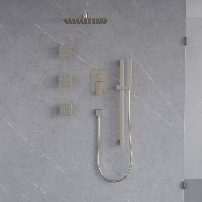 3-Function 12-Inch Square Shower System with Rain Head, Sliding Bar & Body Jets, Concealed Pressure Balance Valve, 304 Stainless Steel