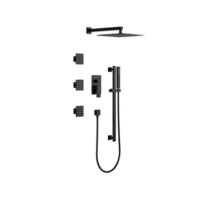 3-Function 12-Inch Square Shower System with Rain Head, Sliding Bar & Body Jets, Concealed Pressure Balance Valve, 304 Stainless Steel