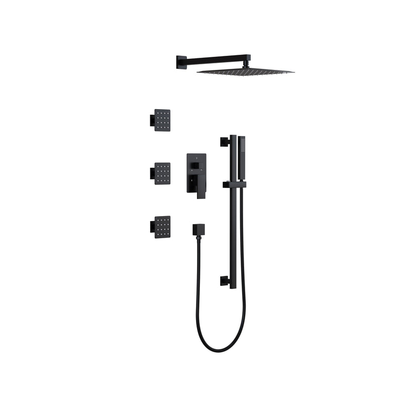 3-Function 12-Inch Square Shower System with Rain Head, Sliding Bar & Body Jets, Concealed Pressure Balance Valve, 304 Stainless Steel