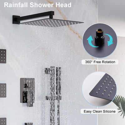 3-Function 12-Inch Square Shower System with Rain Head, Sliding Bar & Body Jets, Concealed Pressure Balance Valve, 304 Stainless Steel