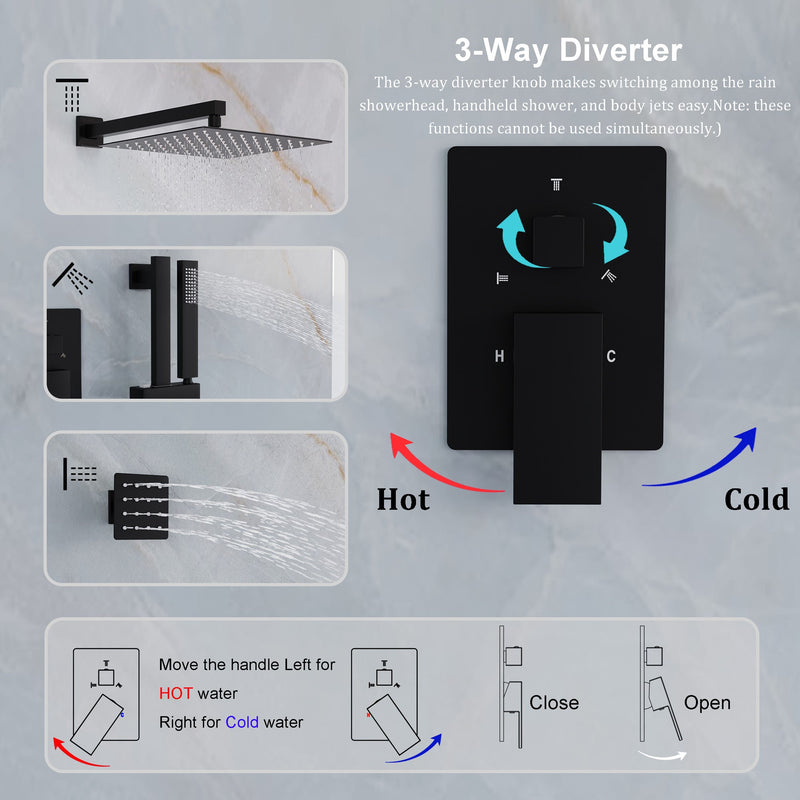 3-Function 12-Inch Square Shower System with Rain Head, Sliding Bar & Body Jets, Concealed Pressure Balance Valve, 304 Stainless Steel