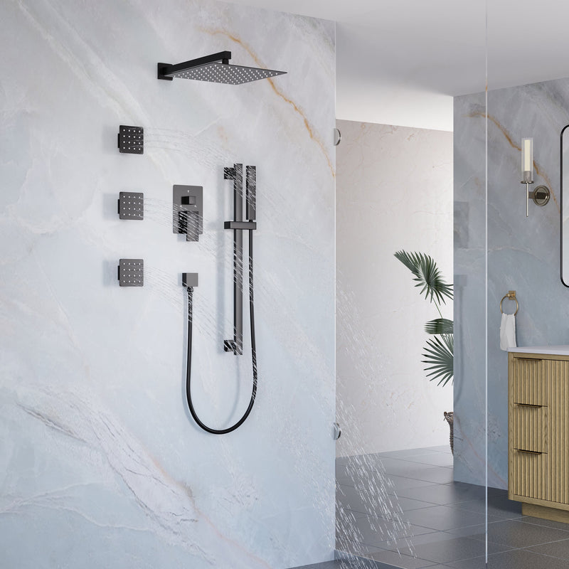 3-Function 12-Inch Square Shower System with Rain Head, Sliding Bar & Body Jets, Concealed Pressure Balance Valve, 304 Stainless Steel
