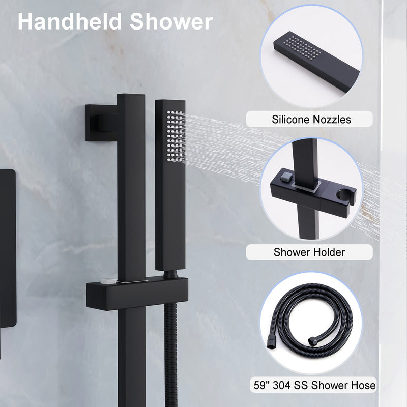 3-Function 12-Inch Square Shower System with Rain Head, Sliding Bar & Body Jets, Concealed Pressure Balance Valve, 304 Stainless Steel