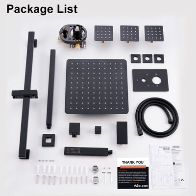 3-Function 12-Inch Square Shower System with Rain Head, Sliding Bar & Body Jets, Concealed Pressure Balance Valve, 304 Stainless Steel