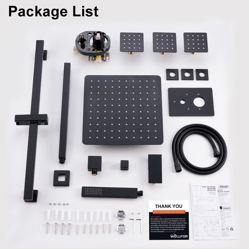 3-Function 12-Inch Square Shower System with Rain Head, Sliding Bar & Body Jets, Concealed Pressure Balance Valve, 304 Stainless Steel