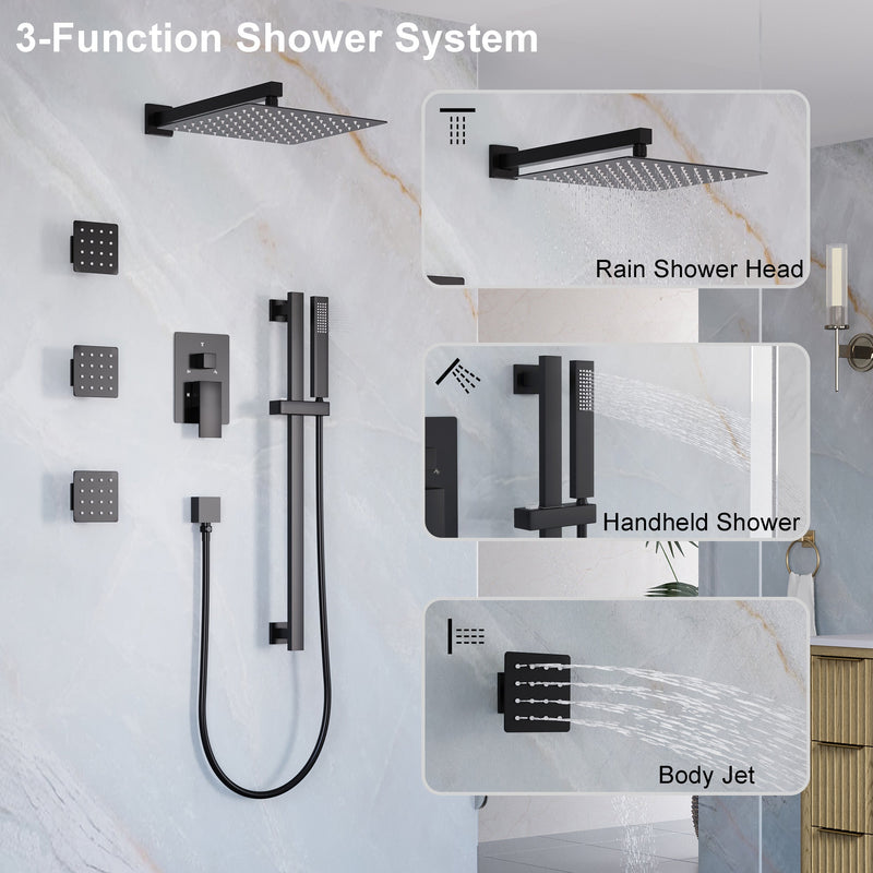 3-Function 12-Inch Square Shower System with Rain Head, Sliding Bar & Body Jets, Concealed Pressure Balance Valve, 304 Stainless Steel