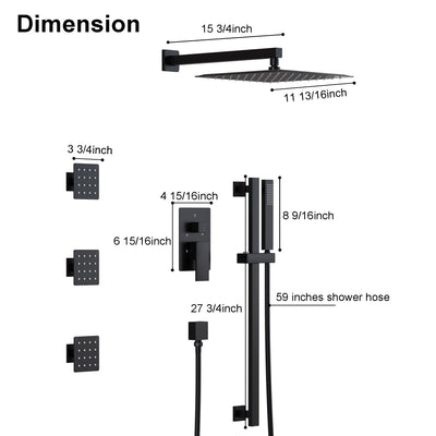 3-Function 12-Inch Square Shower System with Rain Head, Sliding Bar & Body Jets, Concealed Pressure Balance Valve, 304 Stainless Steel