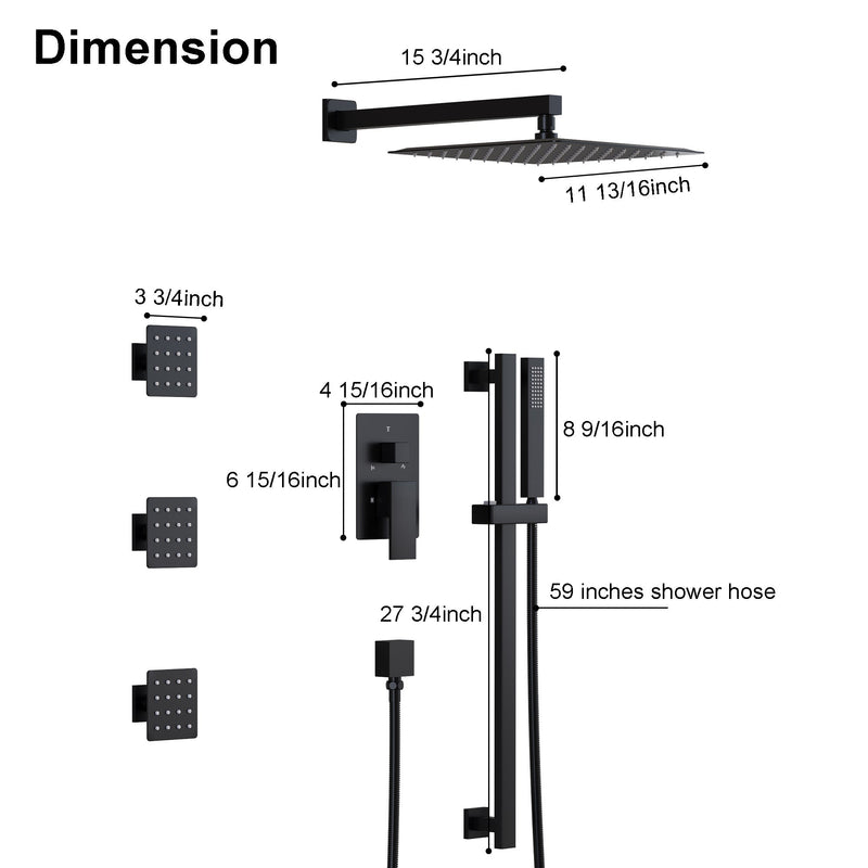 3-Function 12-Inch Square Shower System with Rain Head, Sliding Bar & Body Jets, Concealed Pressure Balance Valve, 304 Stainless Steel