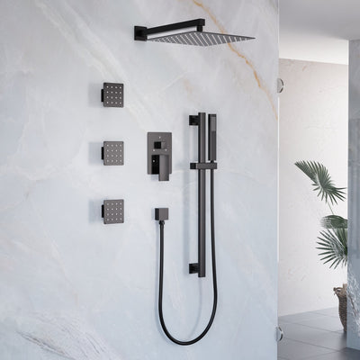 3-Function 12-Inch Square Shower System with Rain Head, Sliding Bar & Body Jets, Concealed Pressure Balance Valve, 304 Stainless Steel