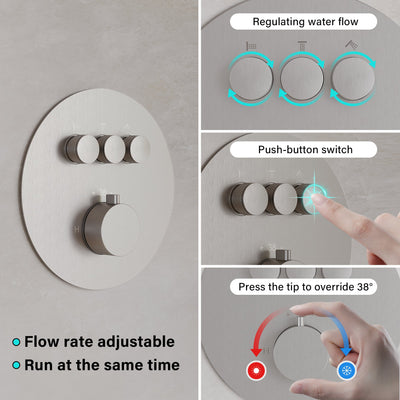 3-Function 10" Round Stainless Steel Shower System with Dual Mounting Options Wall-Mounted & Ceiling-Mounted, Sliding Bar