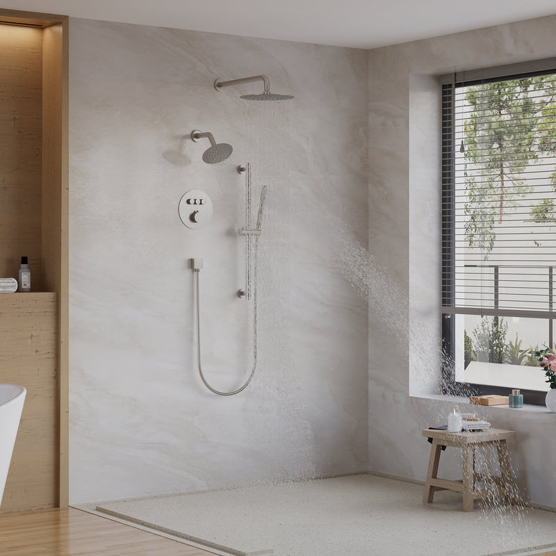 3-Function 10" Round Stainless Steel Shower System with Dual Mounting Options Wall-Mounted & Ceiling-Mounted, Sliding Bar