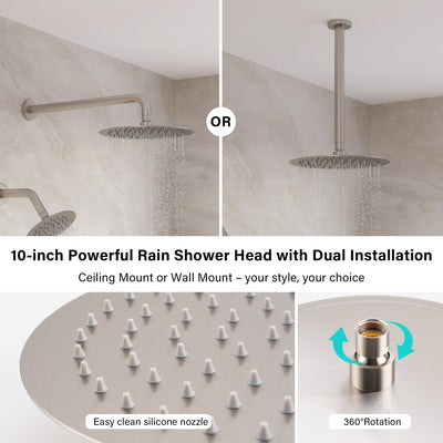 3-Function 10" Round Stainless Steel Shower System with Dual Mounting Options Wall-Mounted & Ceiling-Mounted, Sliding Bar