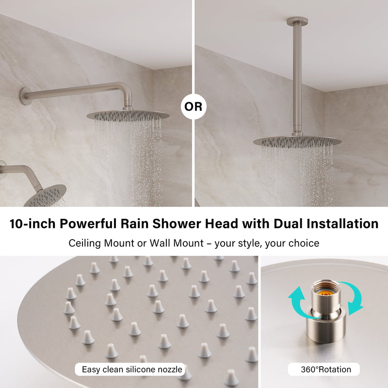3-Function 10" Round Stainless Steel Shower System with Dual Mounting Options Wall-Mounted & Ceiling-Mounted, Sliding Bar