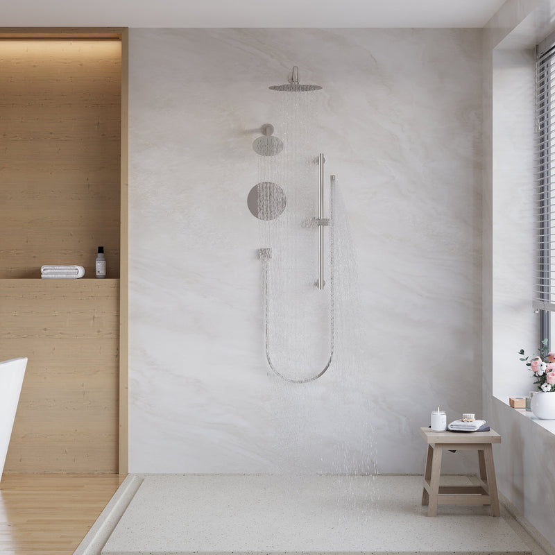 3-Function 10" Round Stainless Steel Shower System with Dual Mounting Options Wall-Mounted & Ceiling-Mounted, Sliding Bar