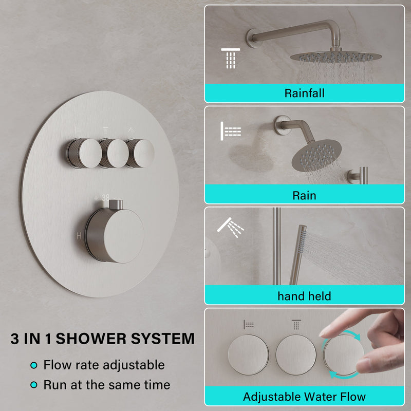 3-Function 10" Round Stainless Steel Shower System with Dual Mounting Options Wall-Mounted & Ceiling-Mounted, Sliding Bar