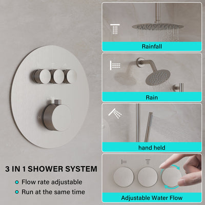 3-Function 10" Round Stainless Steel Shower System with Dual Mounting Options Wall-Mounted & Ceiling-Mounted, Sliding Bar