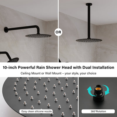 3-Function 10" Round Stainless Steel Shower System with Dual Mounting Options Wall-Mounted & Ceiling-Mounted, Sliding Bar