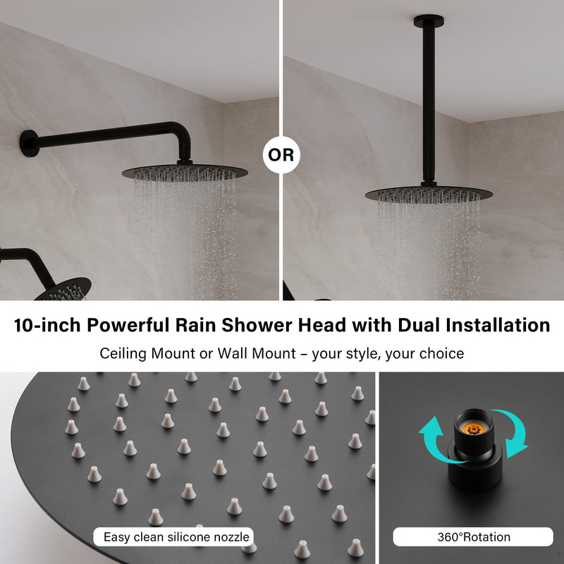 3-Function 10" Round Stainless Steel Shower System with Dual Mounting Options Wall-Mounted & Ceiling-Mounted, Sliding Bar