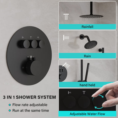 3-Function 10" Round Stainless Steel Shower System with Dual Mounting Options Wall-Mounted & Ceiling-Mounted, Sliding Bar