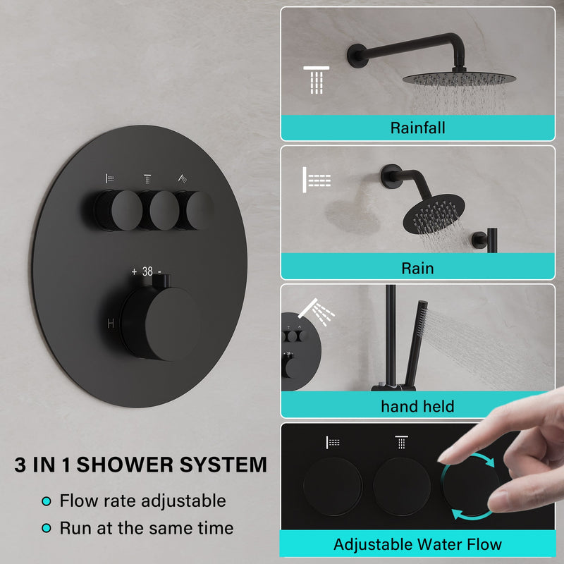 3-Function 10" Round Stainless Steel Shower System with Dual Mounting Options Wall-Mounted & Ceiling-Mounted, Sliding Bar