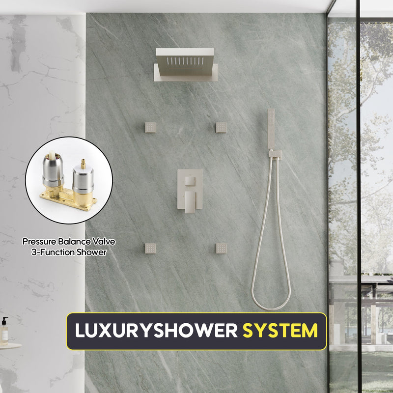 Wall-Mounted 3-Function Shower Set with Dual-Mode Overhead, Brass Body Jets & Hand Shower