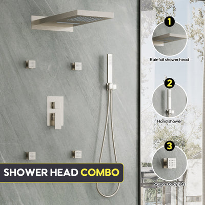 Wall-Mounted 3-Function Shower Set with Dual-Mode Overhead, Brass Body Jets & Hand Shower