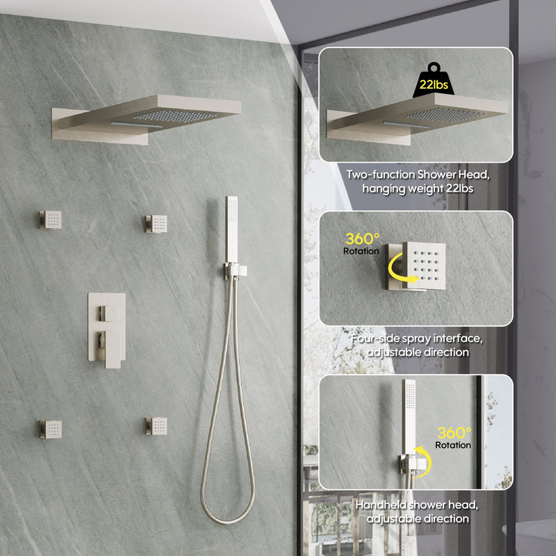 Wall-Mounted 3-Function Shower Set with Dual-Mode Overhead, Brass Body Jets & Hand Shower