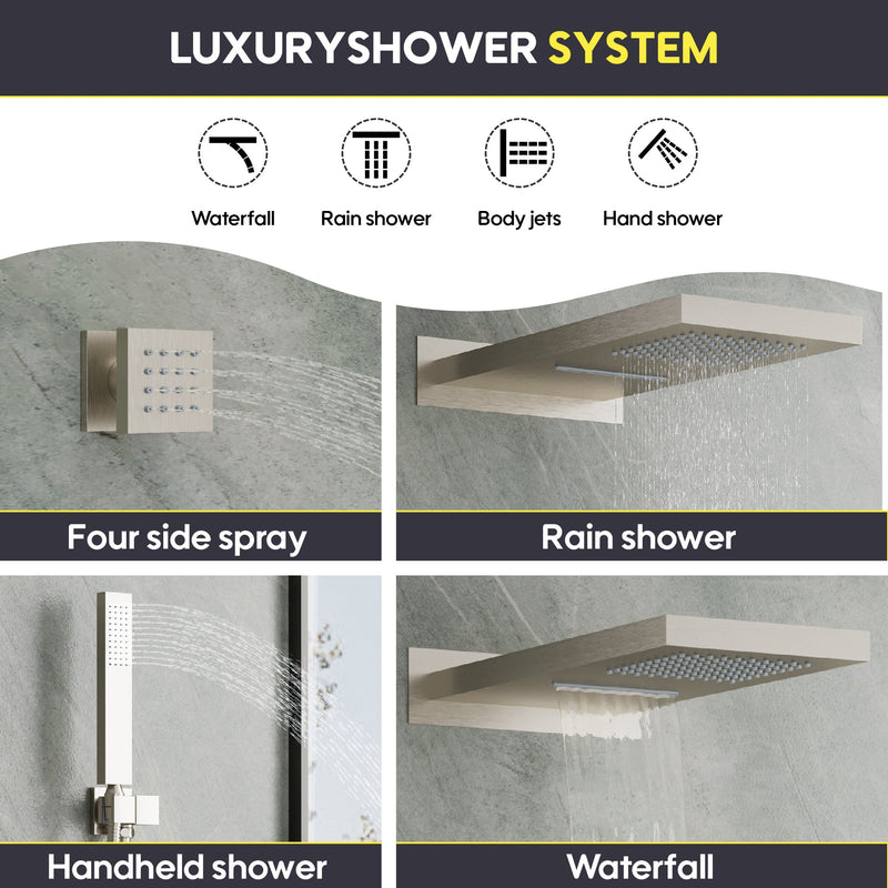 Wall-Mounted 3-Function Shower Set with Dual-Mode Overhead, Brass Body Jets & Hand Shower