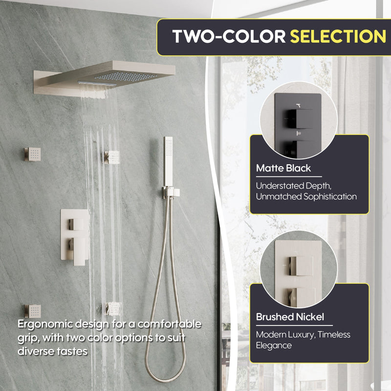 Wall-Mounted 3-Function Shower Set with Dual-Mode Overhead, Brass Body Jets & Hand Shower