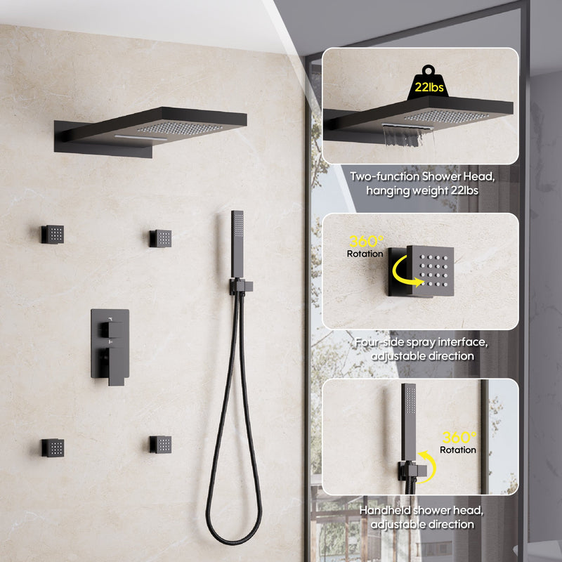 Wall-Mounted 3-Function Shower Set with Dual-Mode Overhead, Brass Body Jets & Hand Shower