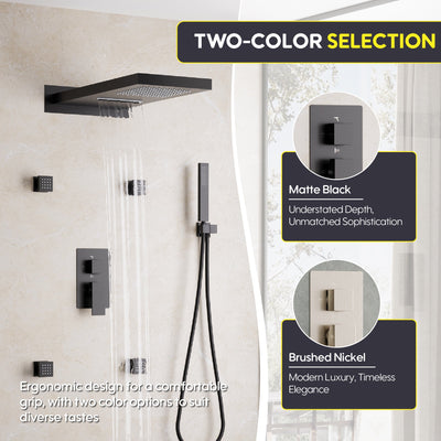 Wall-Mounted 3-Function Shower Set with Dual-Mode Overhead, Brass Body Jets & Hand Shower