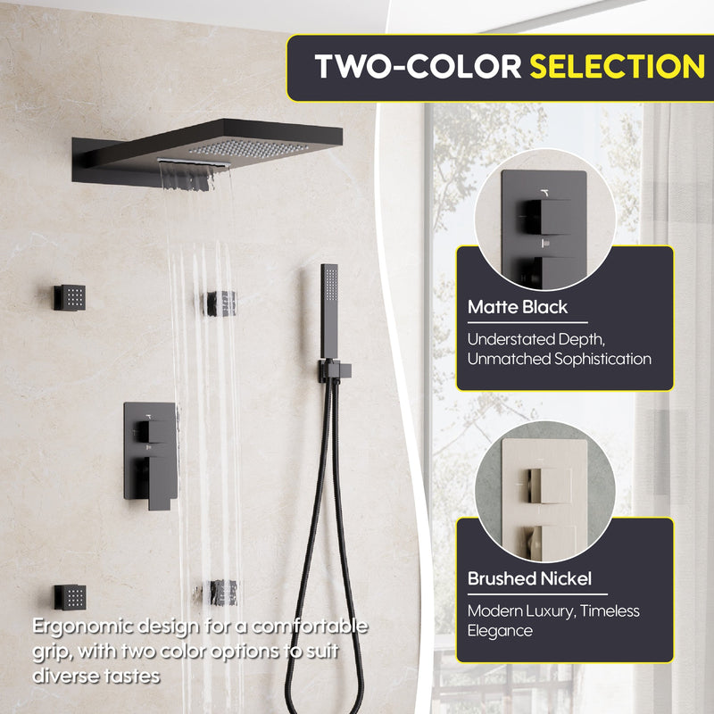Wall-Mounted 3-Function Shower Set with Dual-Mode Overhead, Brass Body Jets & Hand Shower