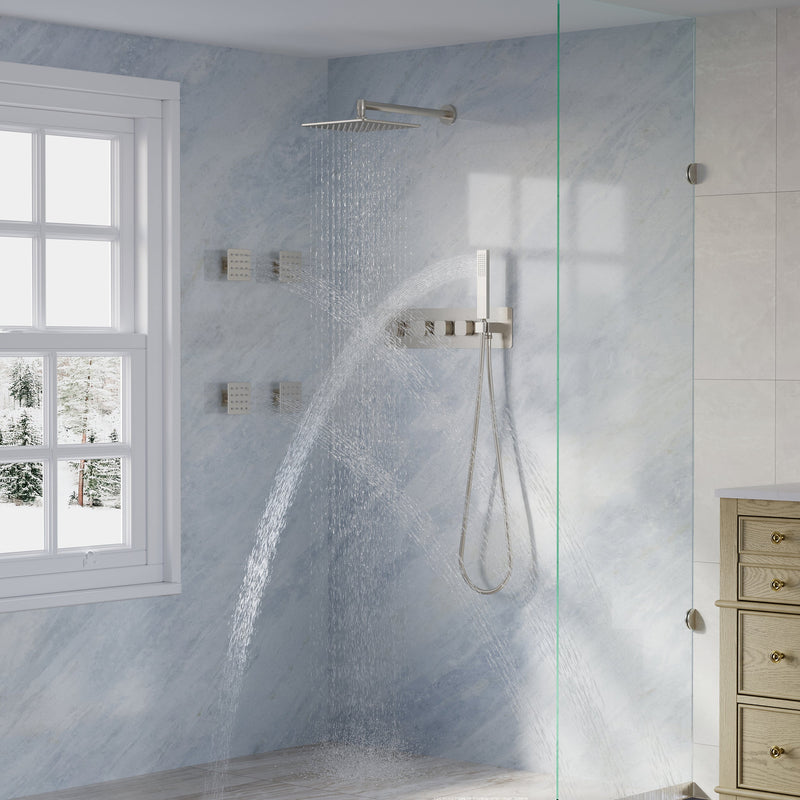 Thermostatic 3-Function Shower System with 10" 360° Adiustable Square Rainfall Head, L-Shaped Hand Shower & Body Jets, Solid 304 Stainless Steel