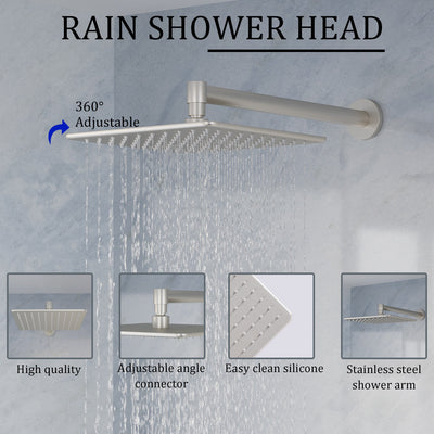Thermostatic 3-Function Shower System with 10" 360° Adiustable Square Rainfall Head, L-Shaped Hand Shower & Body Jets, Solid 304 Stainless Steel