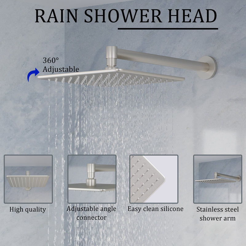 Thermostatic 3-Function Shower System with 10" 360° Adiustable Square Rainfall Head, L-Shaped Hand Shower & Body Jets, Solid 304 Stainless Steel