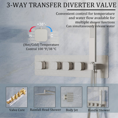 Thermostatic 3-Function Shower System with 10" 360° Adiustable Square Rainfall Head, L-Shaped Hand Shower & Body Jets, Solid 304 Stainless Steel