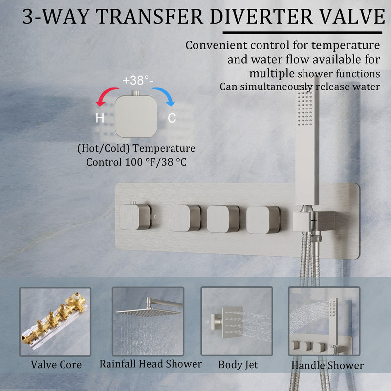 Thermostatic 3-Function Shower System with 10" 360° Adiustable Square Rainfall Head, L-Shaped Hand Shower & Body Jets, Solid 304 Stainless Steel