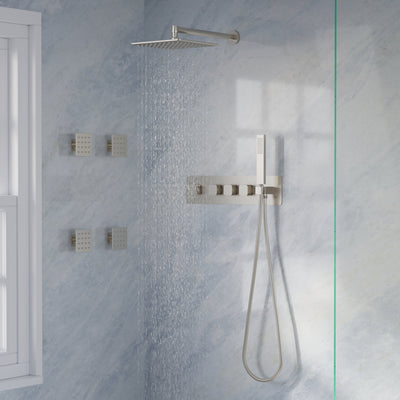 Thermostatic 3-Function Shower System with 10" 360° Adiustable Square Rainfall Head, L-Shaped Hand Shower & Body Jets, Solid 304 Stainless Steel