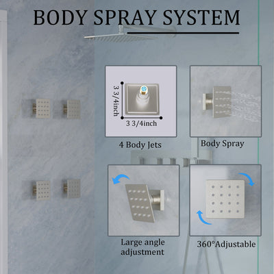 Thermostatic 3-Function Shower System with 10" 360° Adiustable Square Rainfall Head, L-Shaped Hand Shower & Body Jets, Solid 304 Stainless Steel