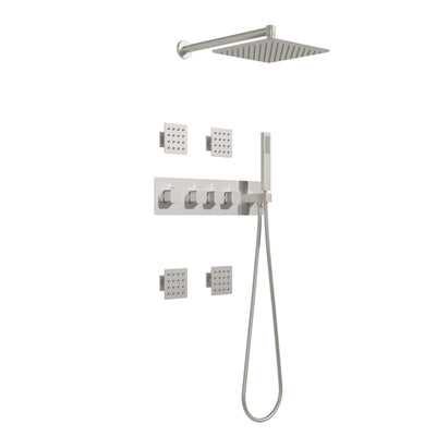 Thermostatic 3-Function Shower System with 10" 360° Adiustable Square Rainfall Head, L-Shaped Hand Shower & Body Jets, Solid 304 Stainless Steel