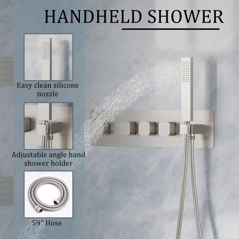 Thermostatic 3-Function Shower System with 10" 360° Adiustable Square Rainfall Head, L-Shaped Hand Shower & Body Jets, Solid 304 Stainless Steel