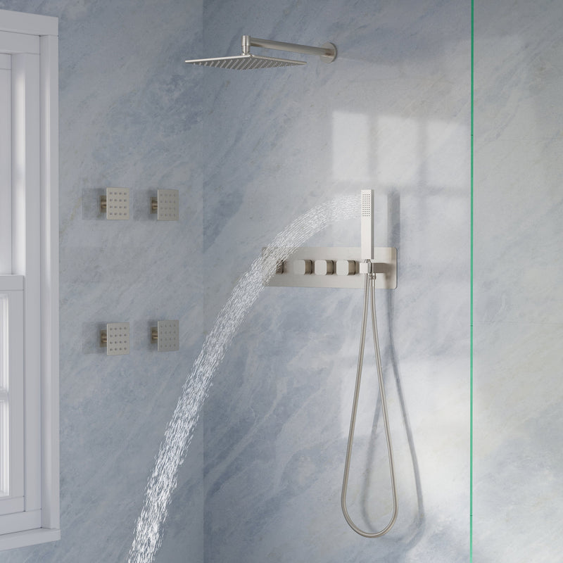 Thermostatic 3-Function Shower System with 10" 360° Adiustable Square Rainfall Head, L-Shaped Hand Shower & Body Jets, Solid 304 Stainless Steel